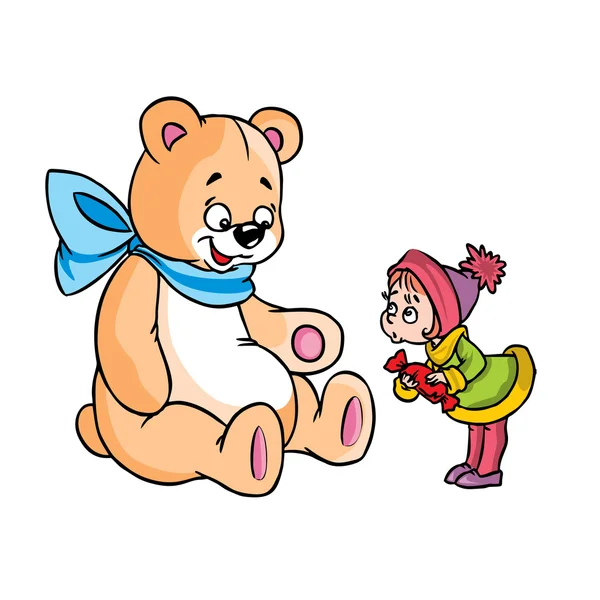 Surprised girl and a big teddy bear — Stockvector